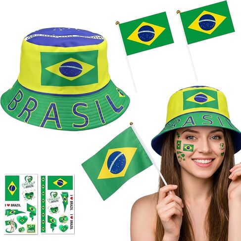 Brazil World Cup, 5PCS World Cup Merchandise 2026 with Fisherman Hat Hand Flags Stickers, Brazil Team Supporters Gear, Football Match Watch Accessories for World Cup Sports Events Party Decor Green in Saudi Arabia