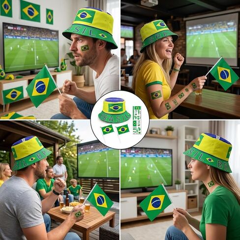 Brazil World Cup, 5PCS World Cup Merchandise 2026 with Fisherman Hat Hand Flags Stickers, Brazil Team Supporters Gear, Football Match Watch Accessories for World Cup Sports Events Party Decor Green in Saudi Arabia