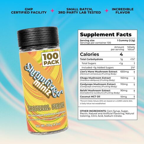 Shrumfuzed Miniz - Proprietary Nootropic Gummy - Now with New Improved Taste - Lion's Mane, Reishi, Chaga, Cordycep, and Proprietary Nootropic Mushroom Blend (100pk, Tropical Peach) in Saudi Arabia