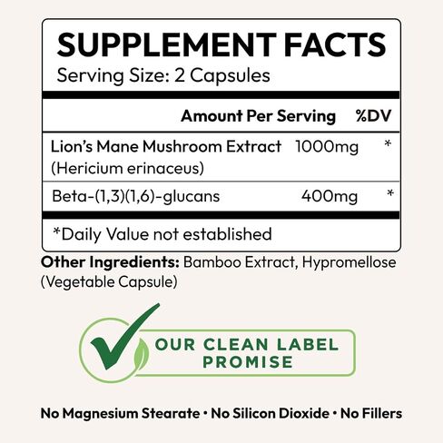 Lion’s Mane Mushroom Extract (120 Capsules) - Verified Active 40% Beta Glucans for Cognition - Memory, Focus, Brain & Immune Health Supplement - Vegan, Non-GMO, 60 Servings in Kuwait