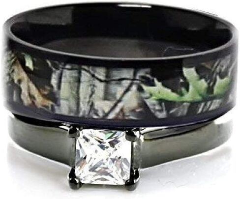 Kingsway Jewelry Women's Black Titanium Camo and Stainless Steel Princess Engagement Wedding Rings Set (Size Women 7) in Saudi Arabia