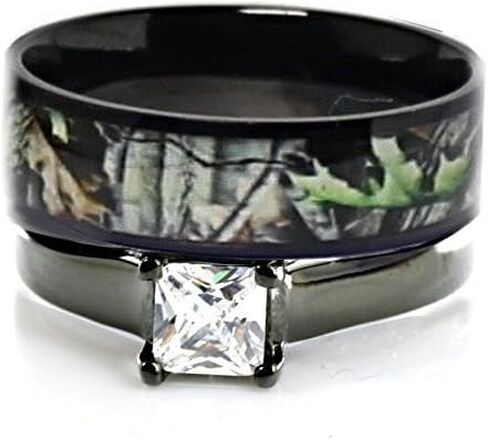 Kingsway Jewelry Women's Black Titanium Camo and Stainless Steel Princess Engagement Wedding Rings Set (Size Women 7) in Saudi Arabia