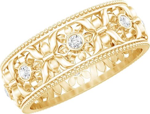 Certified Lab Grown Diamond Flower Wedding Band, Ef Color Vs Clarity, Bezel Set Diamond Filigree Ring - Ideal To Gift in Kuwait