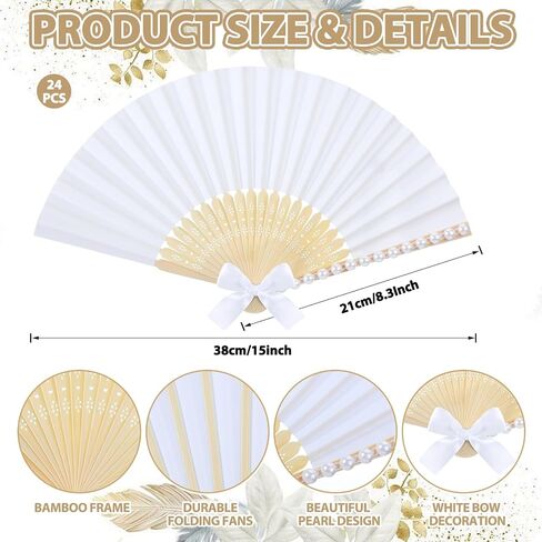 24 Pcs White Pearl Hand Fans for Wedding Tea Party Satin Bow Paper Folding Handheld Fans Wedding Souvenirs for Guest Bridesmaid Church Bridal Shower Baby Shower Dancing Ladies Party Accessories in Saudi Arabia