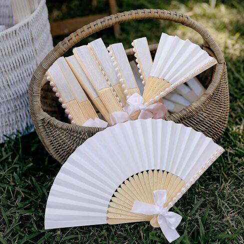 24 Pcs White Pearl Hand Fans for Wedding Tea Party Satin Bow Paper Folding Handheld Fans Wedding Souvenirs for Guest Bridesmaid Church Bridal Shower Baby Shower Dancing Ladies Party Accessories in Saudi Arabia