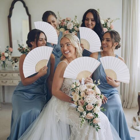 24 Pcs White Pearl Hand Fans for Wedding Tea Party Satin Bow Paper Folding Handheld Fans Wedding Souvenirs for Guest Bridesmaid Church Bridal Shower Baby Shower Dancing Ladies Party Accessories in Saudi Arabia
