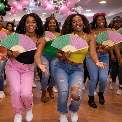 Eaasty 6 Pcs Pink and Green Sorority Folding Fans African American Sister Gift Bamboo Handheld Folding Fans DIY Crafts for Sorority Sisterhood Dancing Magical Witch Theme Party Birthday Summer Gift in Saudi Arabia
