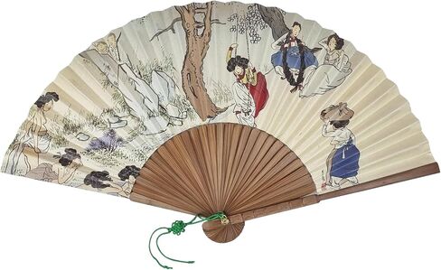 Seoulful Vintage Korean Dano Festival Folding Fan - Traditional Shin Yun-bok Art Hand Fan with Bamboo Frame in Saudi Arabia