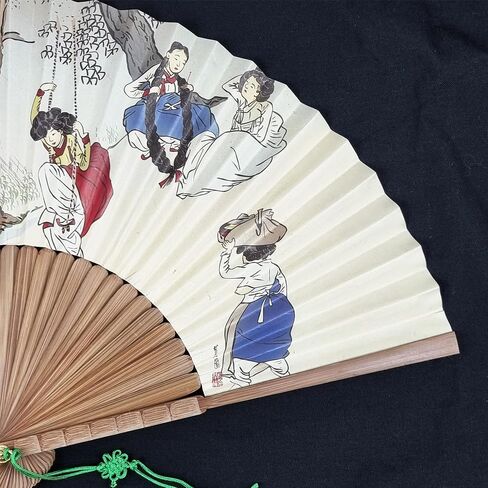 Seoulful Vintage Korean Dano Festival Folding Fan - Traditional Shin Yun-bok Art Hand Fan with Bamboo Frame in Saudi Arabia