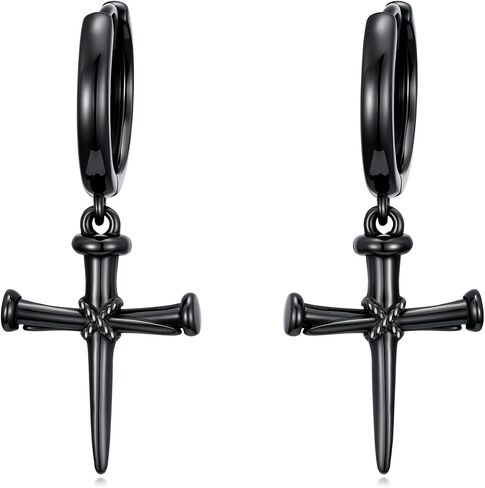 YYB Black Hoop Earrings for Men Women 925 Sterling Silver Cross/Feather/Sword/Nail/Arrow/Axe/Viking Raven/Thors Hammer/Star of David Dangle Earrings Gothic Jewelry Gifts in Saudi Arabia