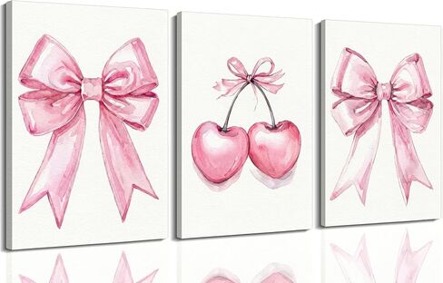 gddxlm 3 قطع القوس الوردي ملصق جدار الفن، اللوحة preppy العصرية صورة ديكور الحائط، أزياء الكرز قماش الطباعة الفنية، لغرفة النوم غرفة المعيشة غرفة الفتيات غرفة الديكور المنزلي، غير مؤطرة 12x16 بوصة in Kuwait