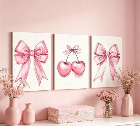 gddxlm 3 قطع القوس الوردي ملصق جدار الفن، اللوحة preppy العصرية صورة ديكور الحائط، أزياء الكرز قماش الطباعة الفنية، لغرفة النوم غرفة المعيشة غرفة الفتيات غرفة الديكور المنزلي، غير مؤطرة 12x16 بوصة in Kuwait