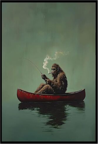 Sasquatch Canvas Wall Art Vintage Fishing Boat Wall Art Fun Bigfoot Painting In Red Canoe On Bigfoot Fishing Poster Canvas Living Room Bathroom Bedroom Print 16x24 Inch Unframed in Kuwait