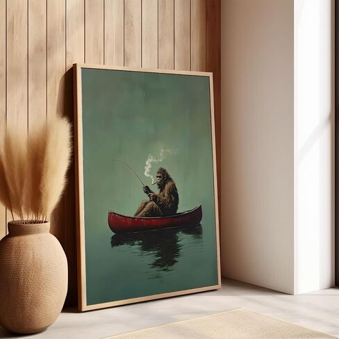 Sasquatch Canvas Wall Art Vintage Fishing Boat Wall Art Fun Bigfoot Painting In Red Canoe On Bigfoot Fishing Poster Canvas Living Room Bathroom Bedroom Print 16x24 Inch Unframed in Kuwait