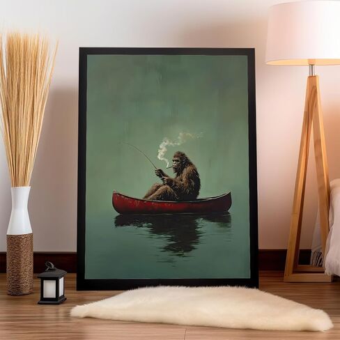 Sasquatch Canvas Wall Art Vintage Fishing Boat Wall Art Fun Bigfoot Painting In Red Canoe On Bigfoot Fishing Poster Canvas Living Room Bathroom Bedroom Print 16x24 Inch Unframed in Kuwait