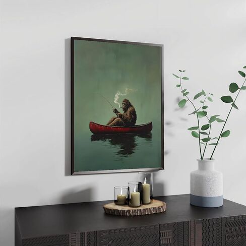 Sasquatch Canvas Wall Art Vintage Fishing Boat Wall Art Fun Bigfoot Painting In Red Canoe On Bigfoot Fishing Poster Canvas Living Room Bathroom Bedroom Print 16x24 Inch Unframed in Kuwait
