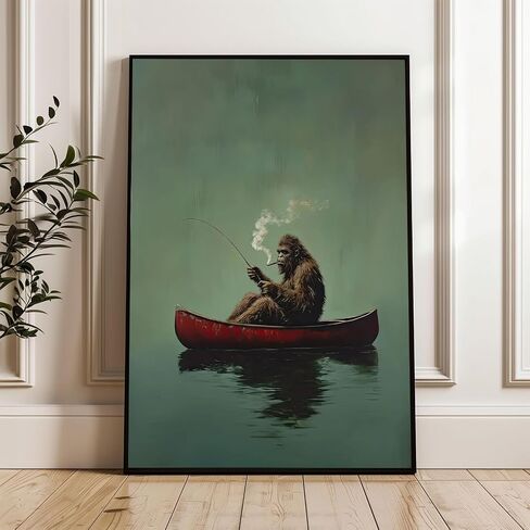 Sasquatch Canvas Wall Art Vintage Fishing Boat Wall Art Fun Bigfoot Painting In Red Canoe On Bigfoot Fishing Poster Canvas Living Room Bathroom Bedroom Print 16x24 Inch Unframed in Kuwait