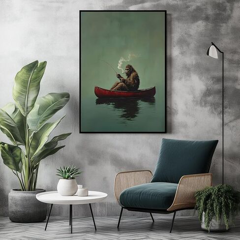 Sasquatch Canvas Wall Art Vintage Fishing Boat Wall Art Fun Bigfoot Painting In Red Canoe On Bigfoot Fishing Poster Canvas Living Room Bathroom Bedroom Print 16x24 Inch Unframed in Kuwait