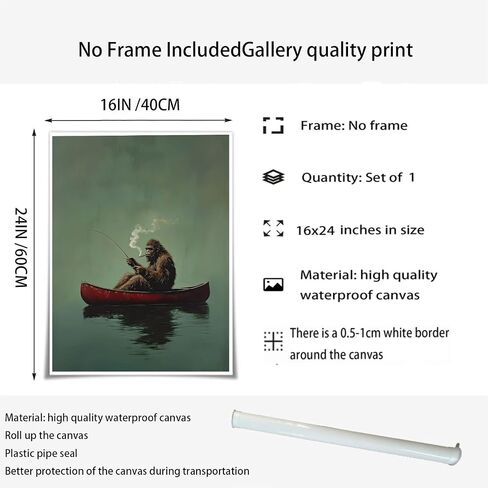 Sasquatch Canvas Wall Art Vintage Fishing Boat Wall Art Fun Bigfoot Painting In Red Canoe On Bigfoot Fishing Poster Canvas Living Room Bathroom Bedroom Print 16x24 Inch Unframed in Kuwait