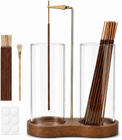 2-in-1 Inverted Incense Stick Holder with Ash Catcher - Wooden Upside Down Glass Incense Burner with Storage for Meditation, Yoga, Spa - Mess-Free Set Includes 25 Sticks, Brush & 6 Anti-Slip Pads in Saudi Arabia
