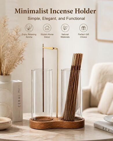 2-in-1 Inverted Incense Stick Holder with Ash Catcher - Wooden Upside Down Glass Incense Burner with Storage for Meditation, Yoga, Spa - Mess-Free Set Includes 25 Sticks, Brush & 6 Anti-Slip Pads in Saudi Arabia
