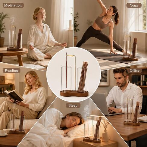2-in-1 Inverted Incense Stick Holder with Ash Catcher - Wooden Upside Down Glass Incense Burner with Storage for Meditation, Yoga, Spa - Mess-Free Set Includes 25 Sticks, Brush & 6 Anti-Slip Pads in Saudi Arabia