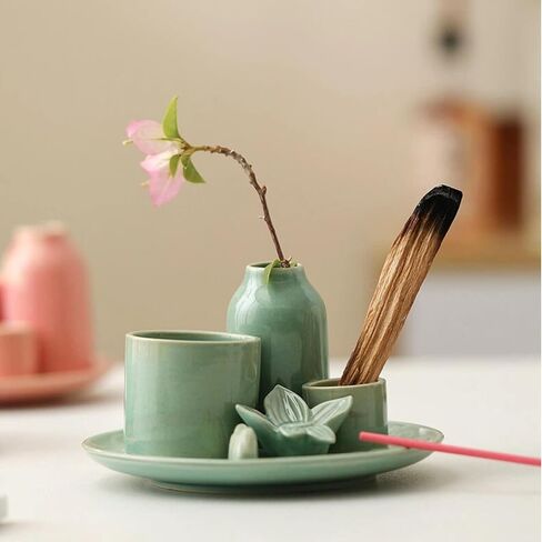 5.1 Inch 4 in 1 Ceramic Incense Holder with Ash Catcher, Sage Palo Santo Burner, Mini Vase Candle Holder for Yoga Meditation Home Decor in Kuwait