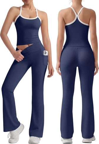 VVX Women 2 Piece Workout Sets High Waisted Flare Leggings with Pockets Matching Cross Back Tank Top with Contrast Trim in Saudi Arabia