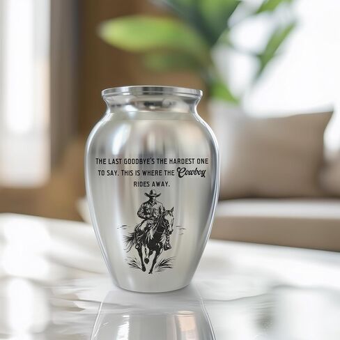 Cowboy Mini Keepsake Urn, Stainless Steel Small Memorial Urn for Human Ashes, Decorative Funeral Urn with Engraved Western Cowboy Boots and Hat with Cross, 2.56" Small Remembrance Vessel in Saudi Arabia