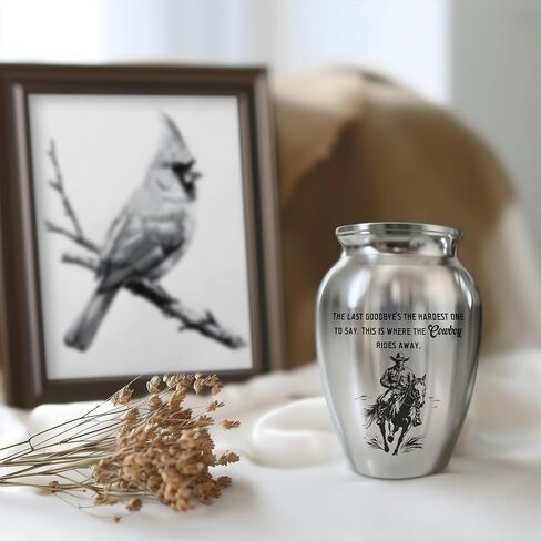 Cowboy Mini Keepsake Urn, Stainless Steel Small Memorial Urn for Human Ashes, Decorative Funeral Urn with Engraved Western Cowboy Boots and Hat with Cross, 2.56" Small Remembrance Vessel in Saudi Arabia