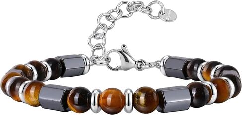 Stainless Steel Adjustable Beaded Bracelet for Men, Black Lava Tiger Eye Hematite Mix, Punk Rock 18+4cm Gift in Saudi Arabia