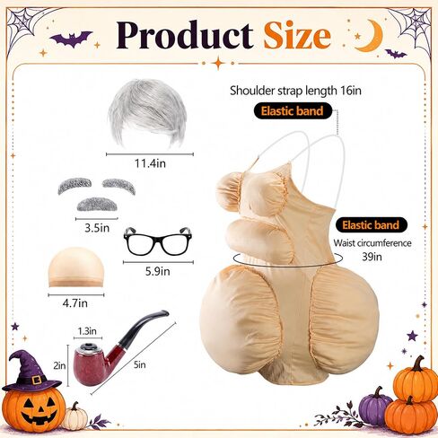 7 Pcs Halloween Fat Old Man Costume, Fake Belly and Chest Fat Suit Includes Pipe Faux Beard Eyebrows Wig Cap Glasses for Halloween Christmas Funny Cosplay Dress Up Party Stage Performance in Saudi Arabia