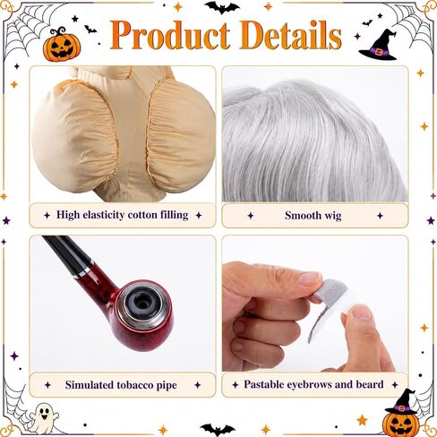 7 Pcs Halloween Fat Old Man Costume, Fake Belly and Chest Fat Suit Includes Pipe Faux Beard Eyebrows Wig Cap Glasses for Halloween Christmas Funny Cosplay Dress Up Party Stage Performance in Saudi Arabia