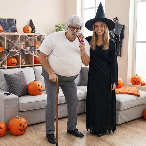 7 Pcs Halloween Fat Old Man Costume, Fake Belly and Chest Fat Suit Includes Pipe Faux Beard Eyebrows Wig Cap Glasses for Halloween Christmas Funny Cosplay Dress Up Party Stage Performance in Saudi Arabia