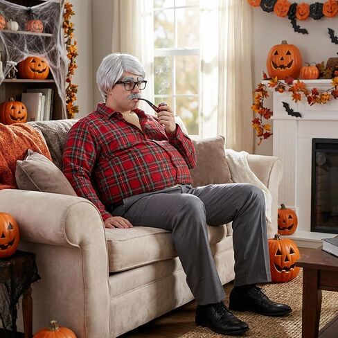 7 Pcs Halloween Fat Old Man Costume, Fake Belly and Chest Fat Suit Includes Pipe Faux Beard Eyebrows Wig Cap Glasses for Halloween Christmas Funny Cosplay Dress Up Party Stage Performance in Saudi Arabia