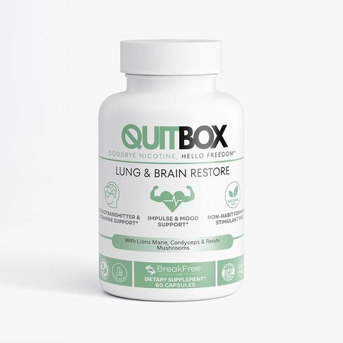 QuitBox التخلص من سموم النيكوتين الطبيعي وتخفيف الرغبة الشديدة | استعادة الرئة والدماغ | 10- مركب الفطر منشط الذهن للمدخنين والتدخين | تركيز وطاقة عالية الفعالية | 60 كبسولة in Kuwait