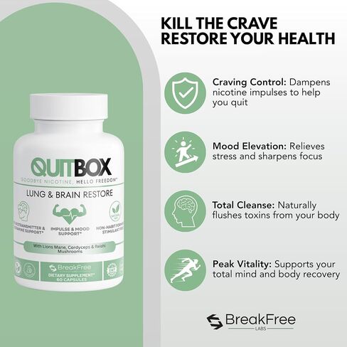 QuitBox التخلص من سموم النيكوتين الطبيعي وتخفيف الرغبة الشديدة | استعادة الرئة والدماغ | 10- مركب الفطر منشط الذهن للمدخنين والتدخين | تركيز وطاقة عالية الفعالية | 60 كبسولة in Kuwait