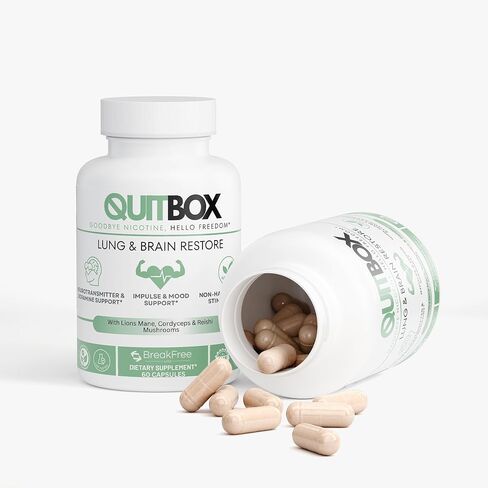 QuitBox التخلص من سموم النيكوتين الطبيعي وتخفيف الرغبة الشديدة | استعادة الرئة والدماغ | 10- مركب الفطر منشط الذهن للمدخنين والتدخين | تركيز وطاقة عالية الفعالية | 60 كبسولة in Kuwait