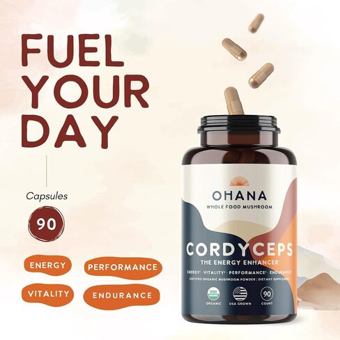 Ohana Cordyceps, Organic Mushrooms Blend, USDA-Organic Whole Food Mushroom Supplement, Non-GMO, Gluten-Free, 90-Capsule Bottle, Pack of 1 in Kuwait