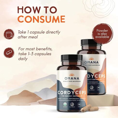 Ohana Cordyceps, Organic Mushrooms Blend, USDA-Organic Whole Food Mushroom Supplement, Non-GMO, Gluten-Free, 90-Capsule Bottle, Pack of 1 in Kuwait