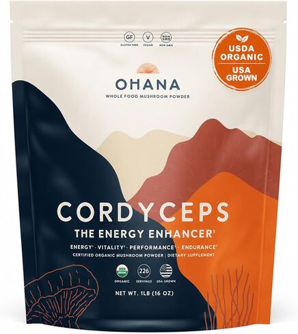 Ohana Cordyceps, Organic Mushrooms Blend, USDA-Organic Whole Food Mushroom Supplement, Non-GMO, Gluten-Free, 90-Capsule Bottle, Pack of 1 in Kuwait