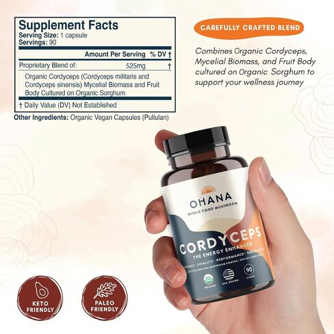 Ohana Cordyceps, Organic Mushrooms Blend, USDA-Organic Whole Food Mushroom Supplement, Non-GMO, Gluten-Free, 90-Capsule Bottle, Pack of 1 in Kuwait