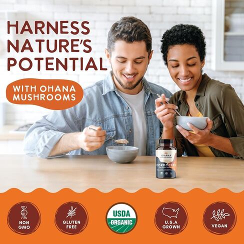 Ohana Cordyceps, Organic Mushrooms Blend, USDA-Organic Whole Food Mushroom Supplement, Non-GMO, Gluten-Free, 90-Capsule Bottle, Pack of 1 in Kuwait