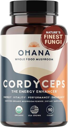 Ohana Cordyceps, Organic Mushrooms Blend, USDA-Organic Whole Food Mushroom Supplement, Non-GMO, Gluten-Free, 90-Capsule Bottle, Pack of 1 in Kuwait