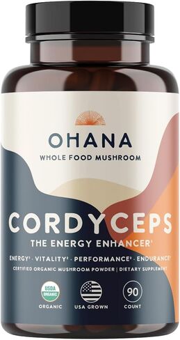 Ohana Cordyceps, Organic Mushrooms Blend, USDA-Organic Whole Food Mushroom Supplement, Non-GMO, Gluten-Free, 90-Capsule Bottle, Pack of 1 in Kuwait