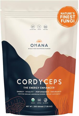 Ohana Cordyceps, Organic Mushrooms Blend, USDA-Organic Whole Food Mushroom Supplement, Non-GMO, Gluten-Free, 90-Capsule Bottle, Pack of 1 in Kuwait