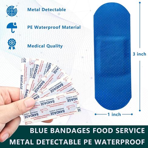 100 PCS Blue Bandages 3" x 1", Metal Detectable Waterproof PE Adhesive Bandages for Food Handling & Kitchen Use, Latex Free, Non Stick Pad, Bulk First Aid Wound Care (100) in Saudi Arabia