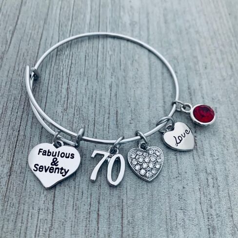 70th Birthday Bangle Bracelet with Birthstone – Fabulous & Seventy Charm Jewelry, Unique Gift for Women, Special 70th Bday Present in Kuwait