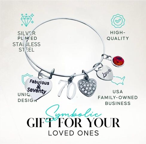 70th Birthday Bangle Bracelet with Birthstone – Fabulous & Seventy Charm Jewelry, Unique Gift for Women, Special 70th Bday Present in Kuwait