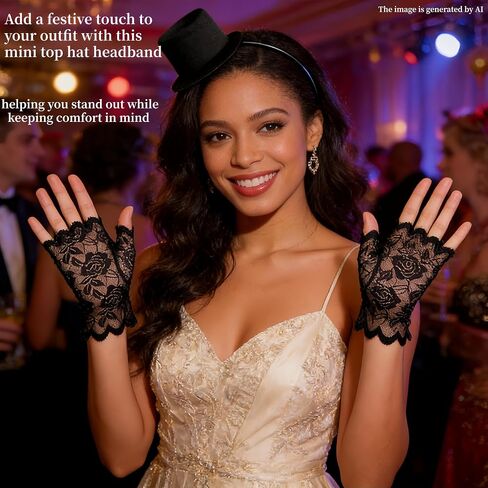 Mini Cowboy Top Hat Headband with Black Lace Gloves,Stylish Costume Accessory for Parties Weddings and Cosplay, Men and Women Black Top Hat Hairband Accessories in Saudi Arabia